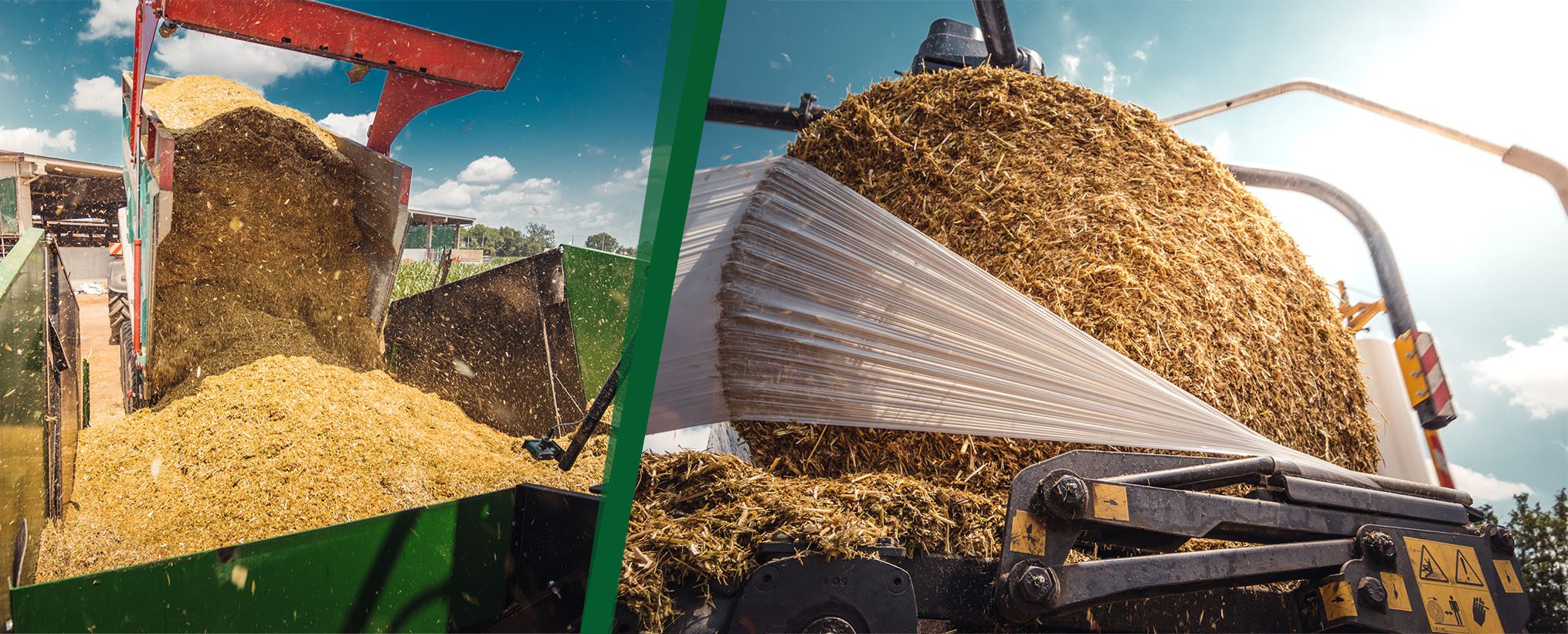 Image divisée en deux, montrant une remorque déversant des aliments dans un compacteur Orkel à gauche et une balle ronde enveloppée de plastique à droite